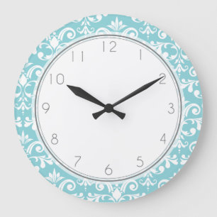 Aqua Blue Damask Pattern Pattern Große Wanduhr