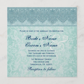 Aqua Blue Damask Ribbon Wedding Einladung