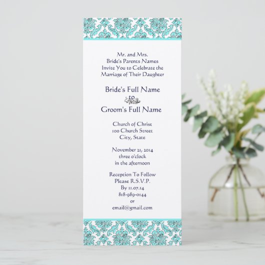 Aqua Blue Damask Wirbel Hochzeit Einladung (Stehend Vorderseite)