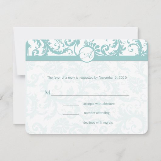 Aqua Blue Damask Wirbel Hochzeit Einladung (Vorderseite)