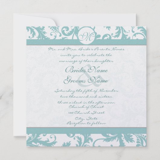 Aqua Blue Damask Wirbel Hochzeit Einladung (Vorderseite)