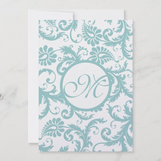 Aqua Blue Damask Wirbel Hochzeit Einladung (Vorderseite)