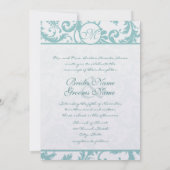 Aqua Blue Damask Wirbel Hochzeit Einladung (Rückseite)