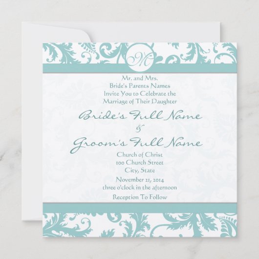 Aqua Blue Damask Wirbel Hochzeit Einladung (Vorderseite)