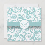 Aqua Blue Damask Wirbel Hochzeit Einladung (Rückseite)