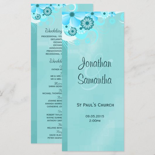 Aqua Blue Dark Aquamarin Floral Wedprogramme Programm (Vorne/Hinten)