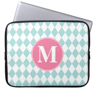 Aqua Blue Diamonds Muster Pink Monogram Laptopschutzhülle