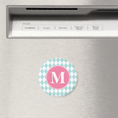 Aqua Blue Diamonds Muster Pink Monogram Magnet (In Situ (Geschirrspüler))