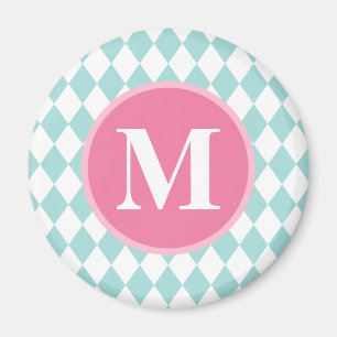 Aqua Blue Diamonds Muster Pink Monogram Magnet