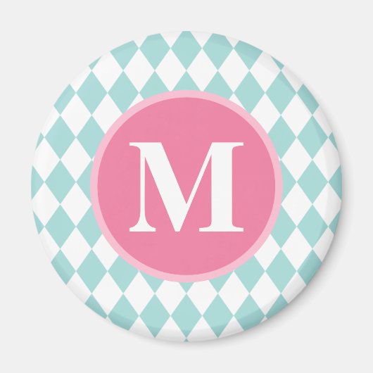 Aqua Blue Diamonds Muster Pink Monogram Magnet (Vorne)