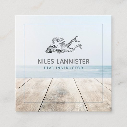 Aqua Blue Dive Instructor Mermaid Dolphin Quadratische Visitenkarte (Vorderseite)
