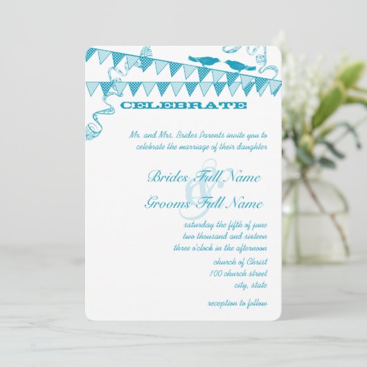 Aqua Blue Dots Bunting Pennant Wedding Einladungen (Stehend Vorderseite)