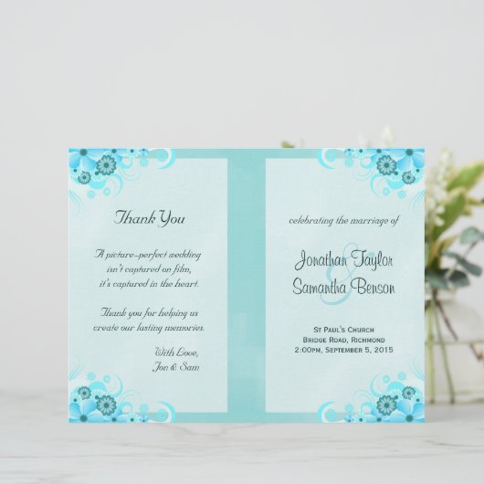 Aqua Blue Floral BiFold Hochzeitsprogramm Vorlagen (Stehend Vorderseite)