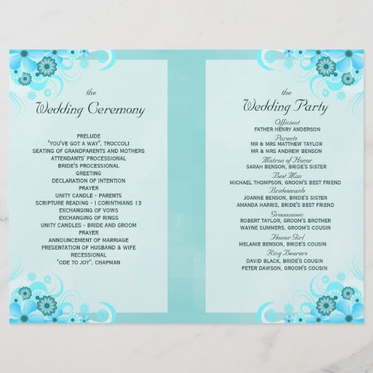 Aqua Blue Floral BiFold Hochzeitsprogramm Vorlagen (Rückseite)
