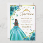 Aqua Blue Floral Dress Butterfly Gold Quinceanera Einladung (Vorderseite)