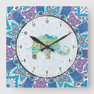Aqua Blue Floral Lace & Colorful Elephant Quadratische Wanduhr