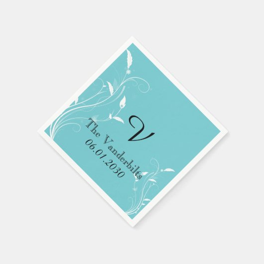 Aqua Blue Floral Monogram Wedding Monogram Wedding Serviette (Ecke)