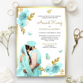 Aqua Blue Floral Punjabi Anand Karaj Sikh Wedding Einladung