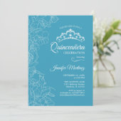 Aqua Blue Floral Quinceanera Party Einladung (Stehend Vorderseite)