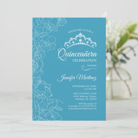 Aqua Blue Floral Quinceanera Party Einladung (Stehend Vorderseite)
