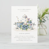 Aqua Blue Floral Teapot Cup Brautparty Einladung (Stehend Vorderseite)