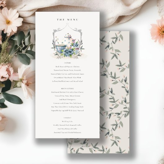 Aqua Blue Floral Teapot Wappen Wedding Menu Card Dankeskarte