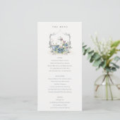 Aqua Blue Floral Teapot Wappen Wedding Menu Card Dankeskarte (Stehend Vorderseite)