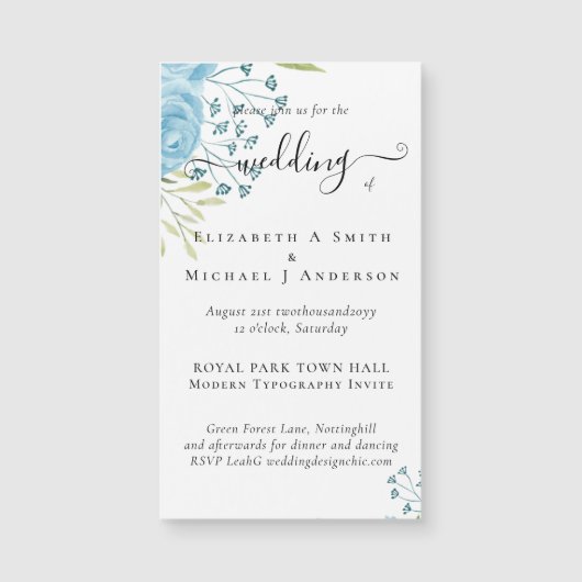 Aqua Blue Floral Wedding Magnetkarte (Vorderseite)
