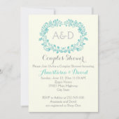 Aqua blue foliage initials Hochzeitspaare Dusche Einladung (Vorderseite)