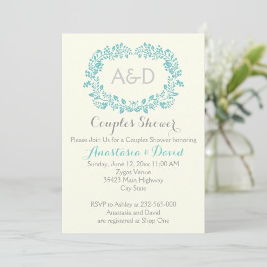 Aqua blue foliage initials Hochzeitspaare Dusche Einladung (Stehend Vorderseite)
