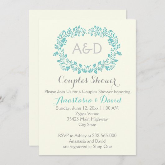 Aqua blue foliage initials Hochzeitspaare Dusche Einladung (Vorne/Hinten)