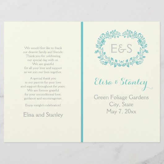 Aqua Blue Foliage Rahmen gefaltetes Hochzeitsprogr (Vorderseite)