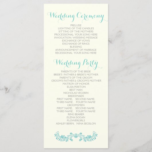 Aqua Blue Foliage Rahmen Hochzeitsprogramm Programm (Rückseite)