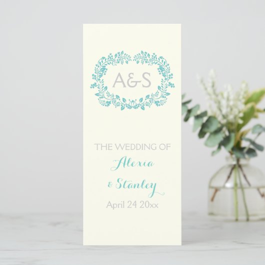 Aqua Blue Foliage Rahmen Hochzeitsprogramm Programm (Stehend Vorderseite)