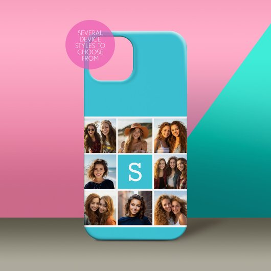 Aqua Blue Foto Collage Custom Monogram Case-Mate iPhone Hülle