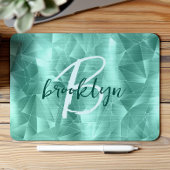 Aqua Blue Geometric Brushed Metal Script Monogram Mousepad