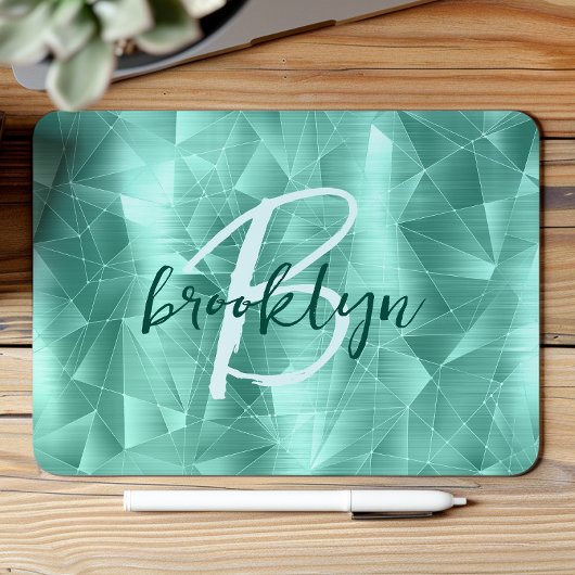Aqua Blue Geometric Brushed Metal Script Monogram Mousepad