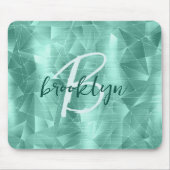 Aqua Blue Geometric Brushed Metal Script Monogram Mousepad (Vorne)