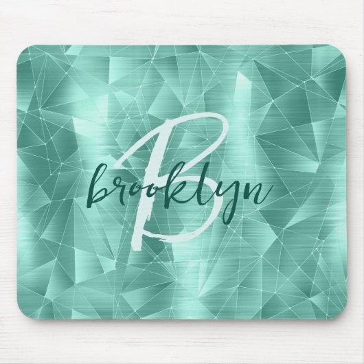 Aqua Blue Geometric Brushed Metal Script Monogram Mousepad (Vorne)