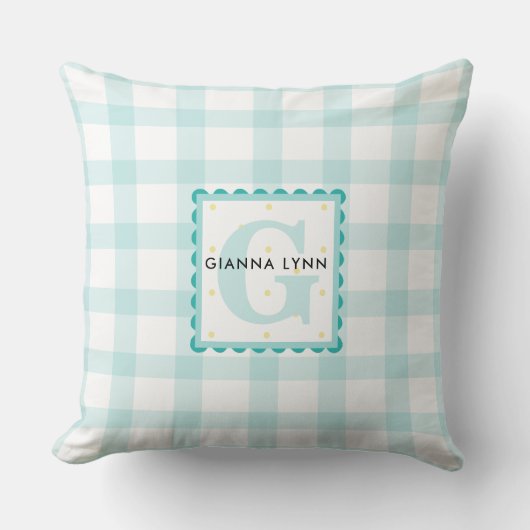Aqua Blue Gingham Anpassbare Monogramm Kissen (Vorderseite)