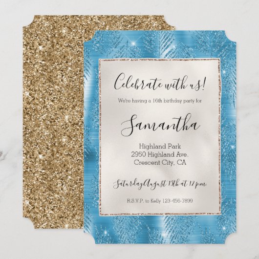 Aqua Blue Glam Glitzer Tropical Blätter Einladung (Vorne/Hinten)