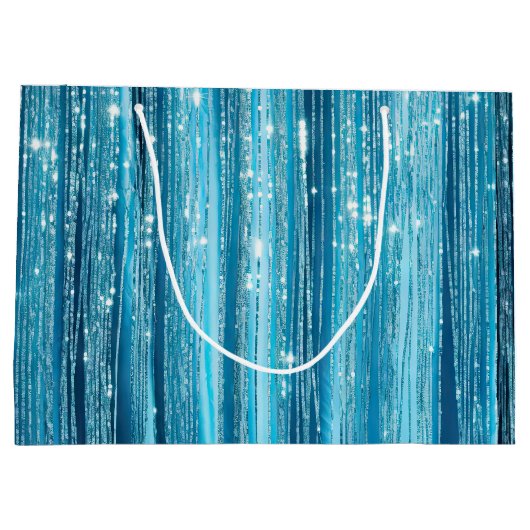 Aqua Blue Glam Tinsel Stripes Große Geschenktüte (Rückseite)