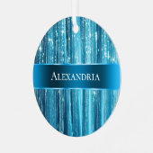 Aqua Blue Glam Tinsel Stripes Ornament Aus Metall (Vorderseite links)