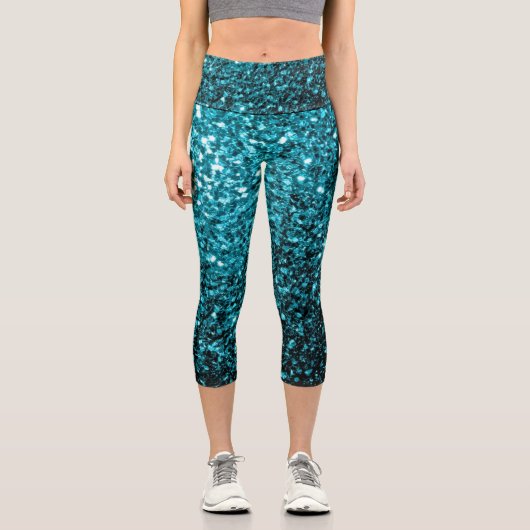 Aqua Blue glänzende Imitate Glitzer Glitzern Capri Leggings (Vorderseite)
