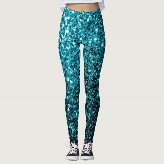 Aqua Blue glänzende Imitate Glitzer Glitzern Leggings (Vorderseite)