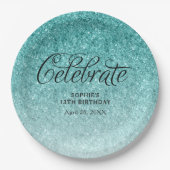 Aqua Blue Glitzer Celebrate Personalisiert Pappteller (Vorderseite)