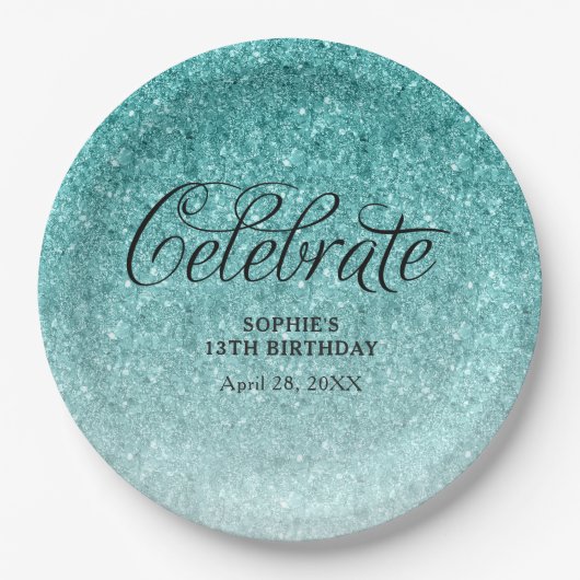 Aqua Blue Glitzer Celebrate Personalisiert Pappteller (Vorderseite)