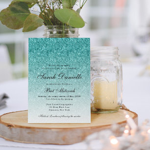 Aqua Blue Glitzer Glam Bat Mitzvah Einladung