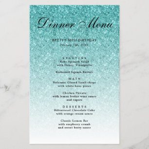 Aqua Blue Glitzer Glam Party Menu Flyer