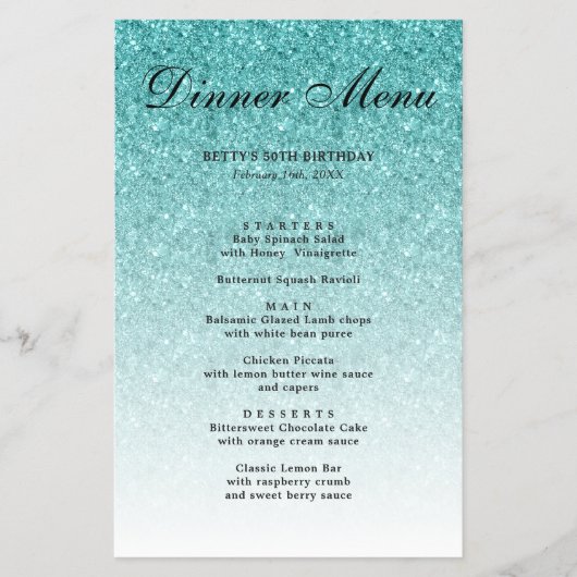 Aqua Blue Glitzer Glam Party Menu Flyer (Vorne)